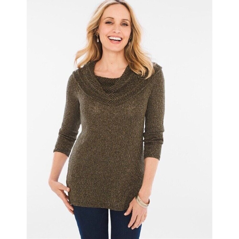 Chico's Cowl Neck 3/4 Sleeve Pullover Sweater Forest Green Gold Metallic 2/M
